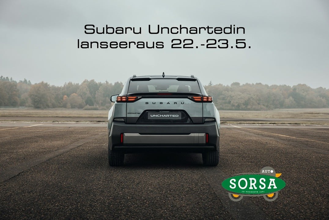 Rear view of a gray Subaru SUV on a runway, with 'Subaru Uncharted' text above and a Sorsa Auto logo bottom right.