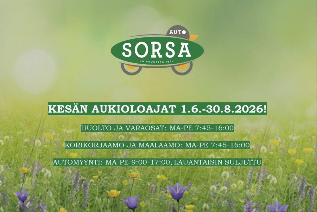 Poster for SORSA Auto showing summer opening hours over a field of flowers in Finnish (informational).