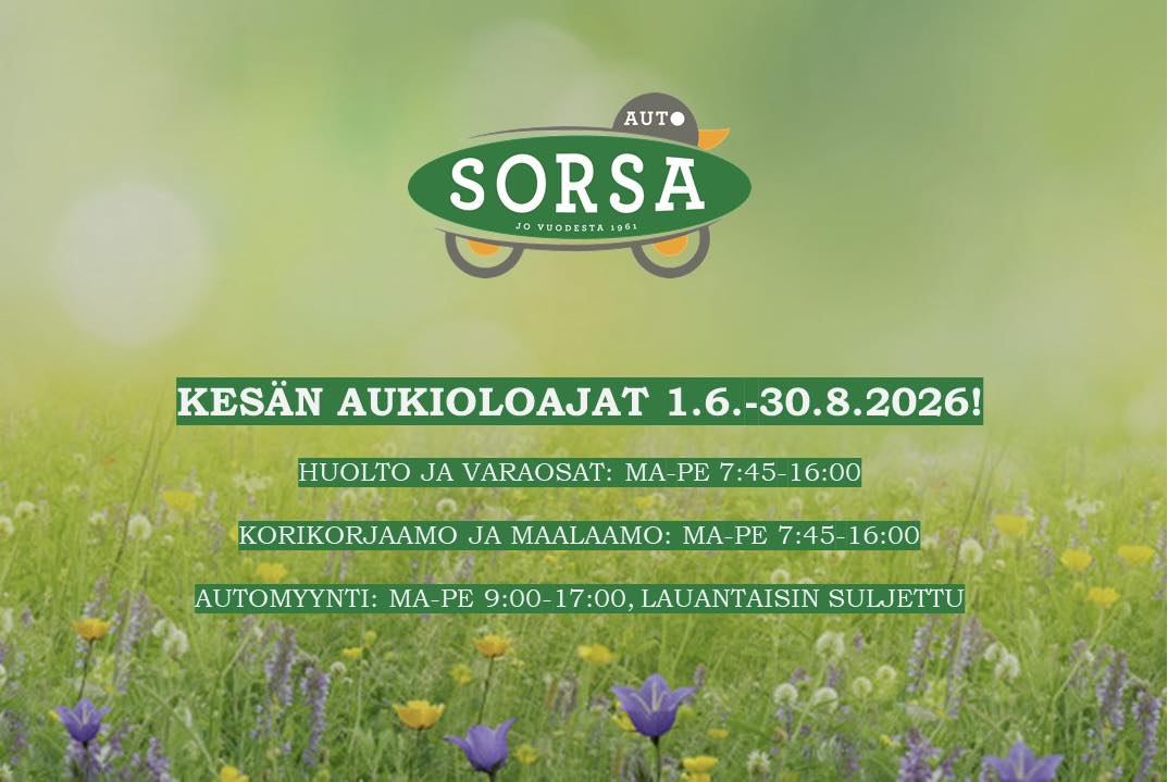 Poster for SORSA Auto showing summer opening hours over a field of flowers in Finnish (informational).